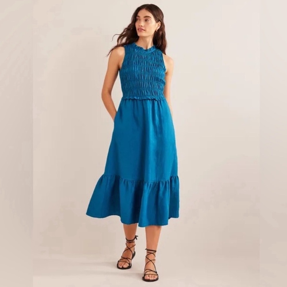 Boden 100% Linen Smocked Teal Midi Dress Sleeveless Turquoise Flowy Tiered 6P